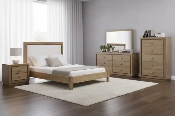 Thornloe solid wood bedroom collection with bed, nightstand, dresser and highboy