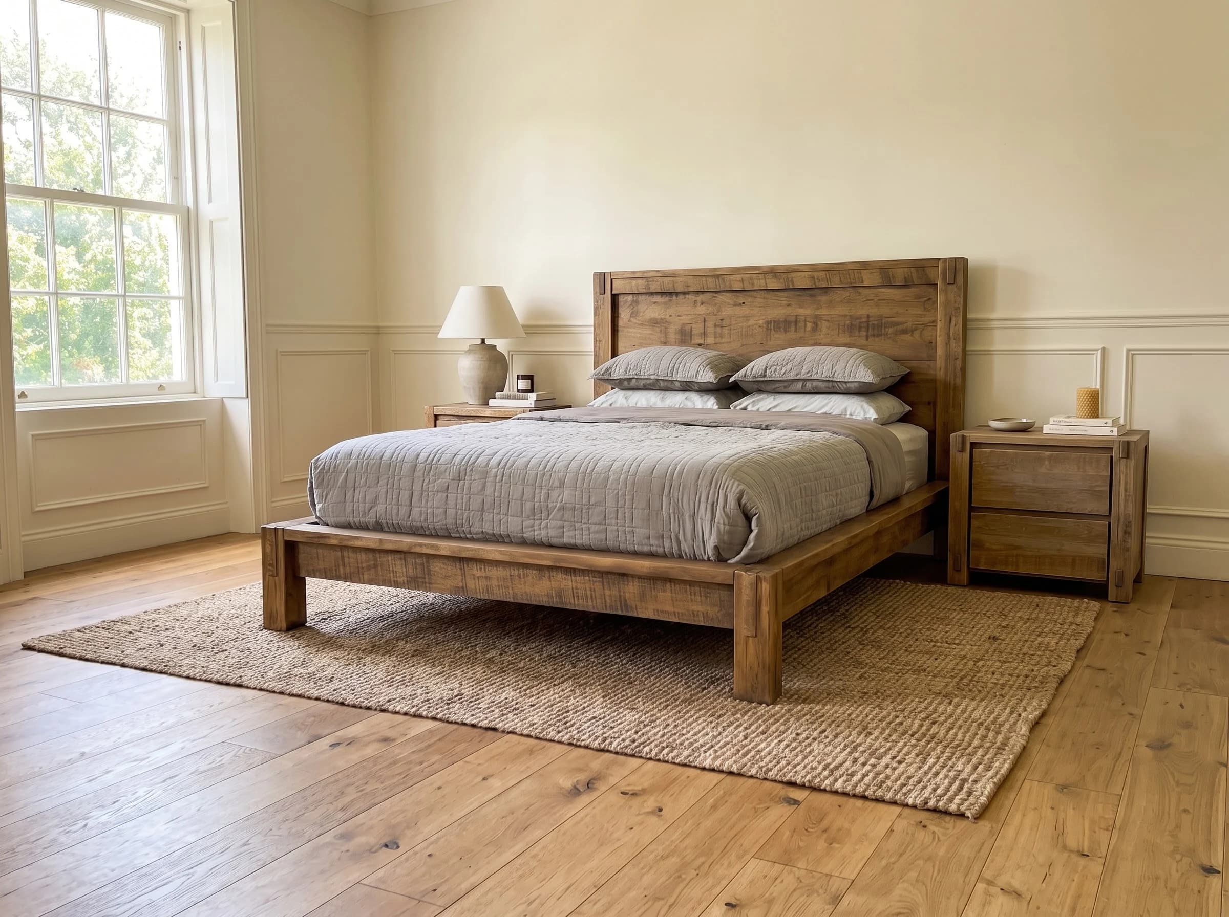 Penwood solid wood bedroom set with a matching bed and nightstands in a sunlit room