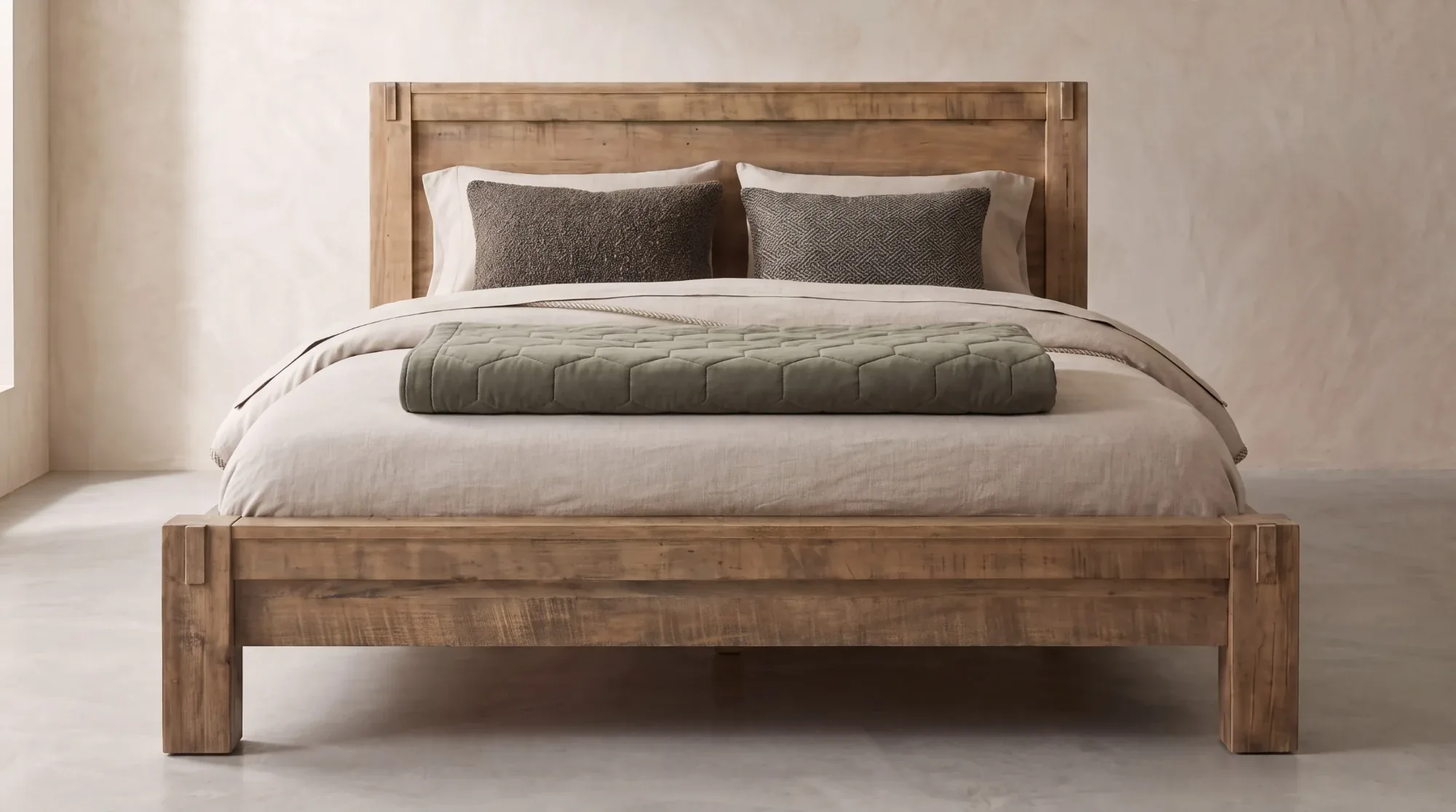 Penwood solid wood platform bed with linen bedding and a green throw