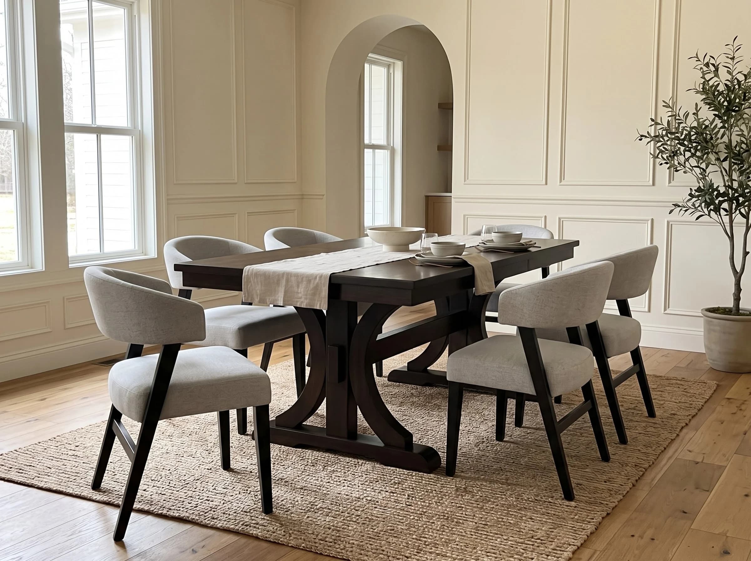 Penwood dark solid wood trestle dining table with upholstered chairs in a sunlit dining room