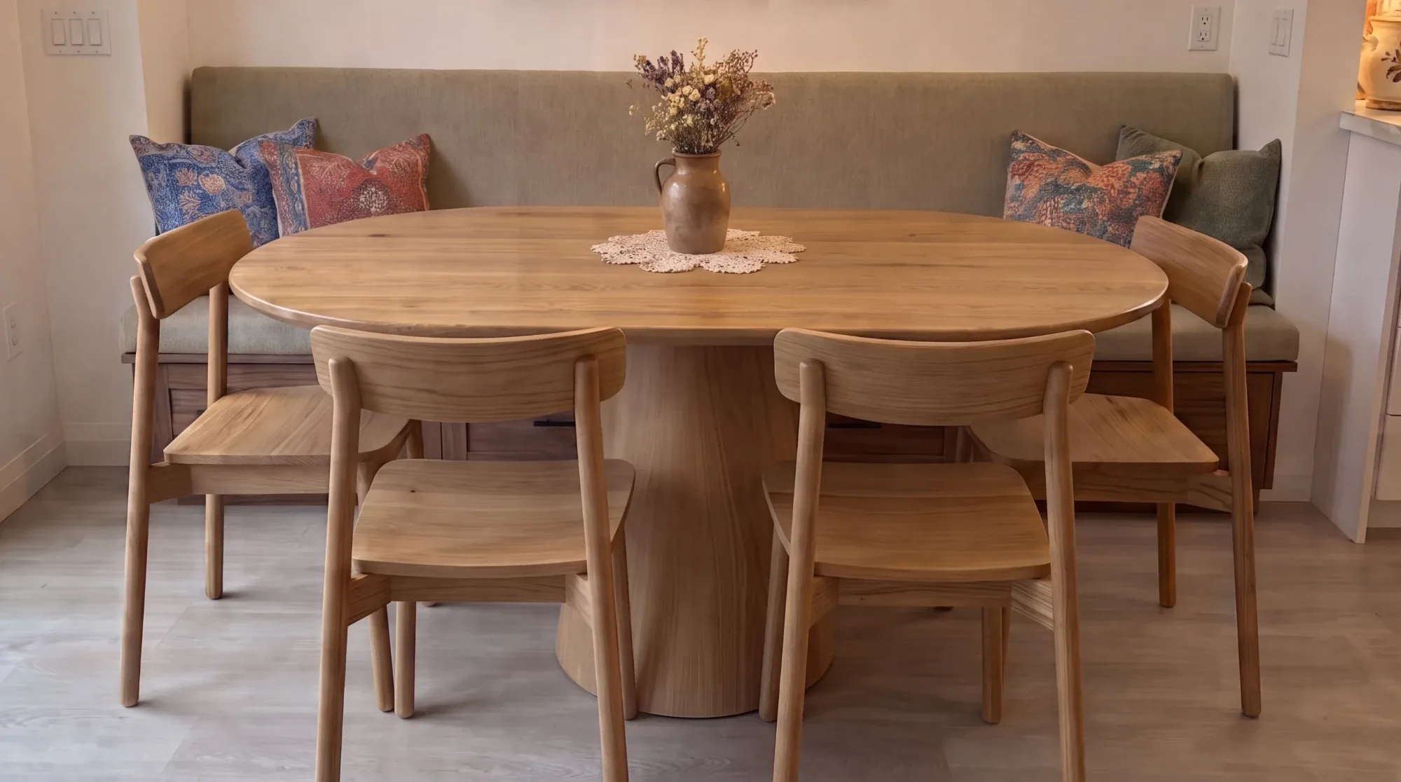 Penwood oval pedestal dining table and chairs beside a banquette