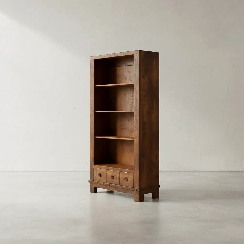 penwood furniture barrelworks bookcase with drawer 45 degree angle