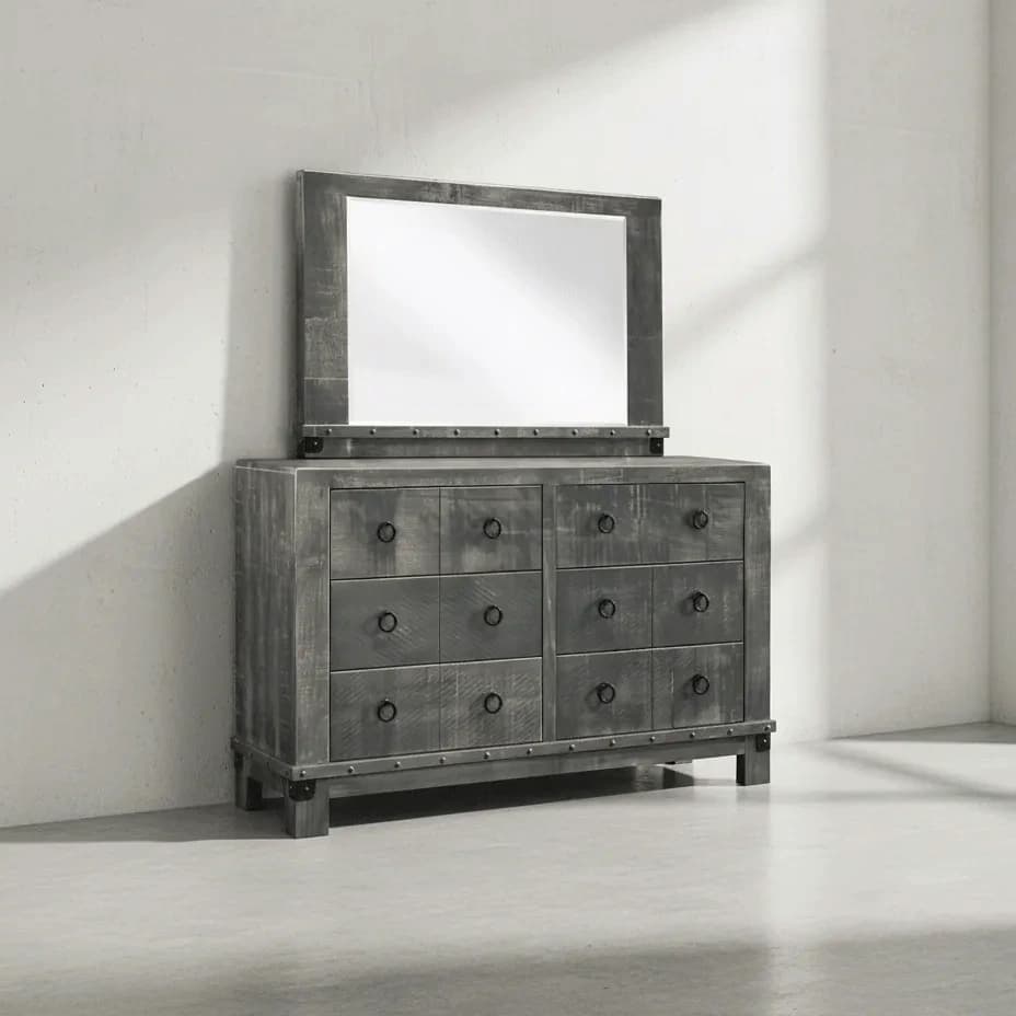 penwood furniture barrelworks dresser with mirror 6 drawer 45 degree angle