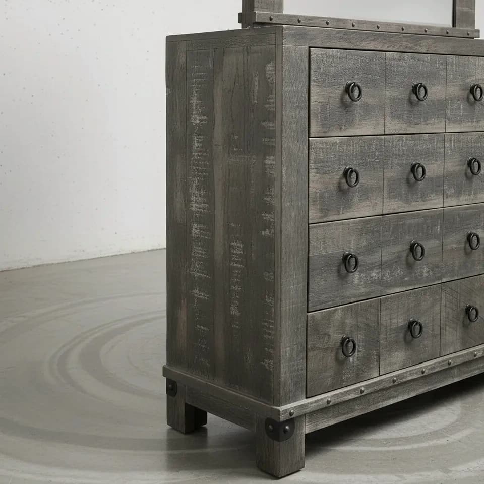 penwood furniture barrelworks dresser with mirror 8 drawers medium close up