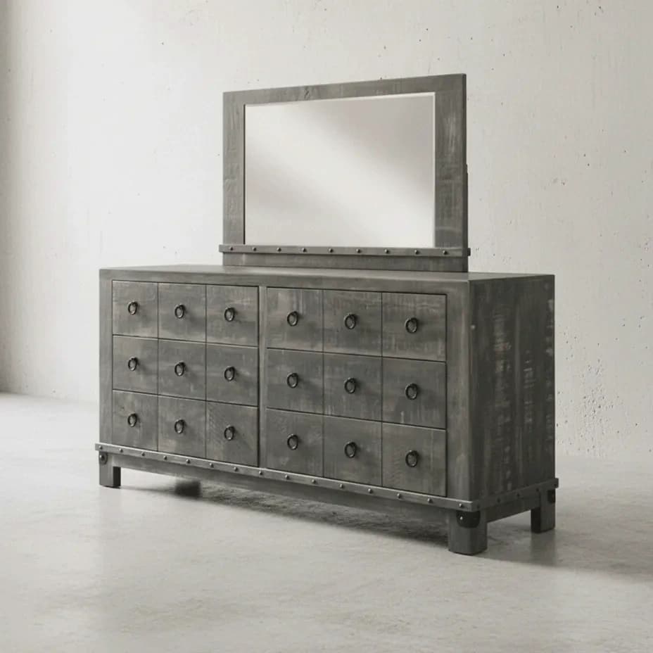 penwood furniture barrelworks long dresser with mirror 6 drawer 45 degree angle