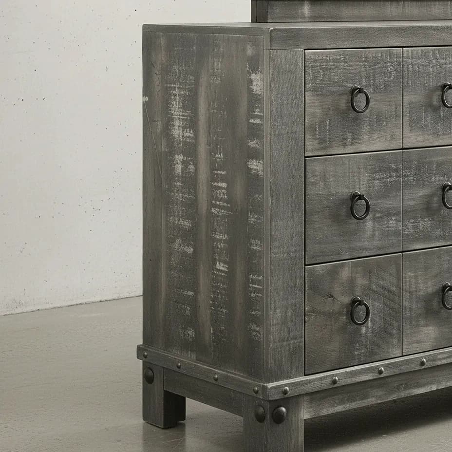 penwood furniture barrelworks long dresser with mirror 6 drawer medium close up