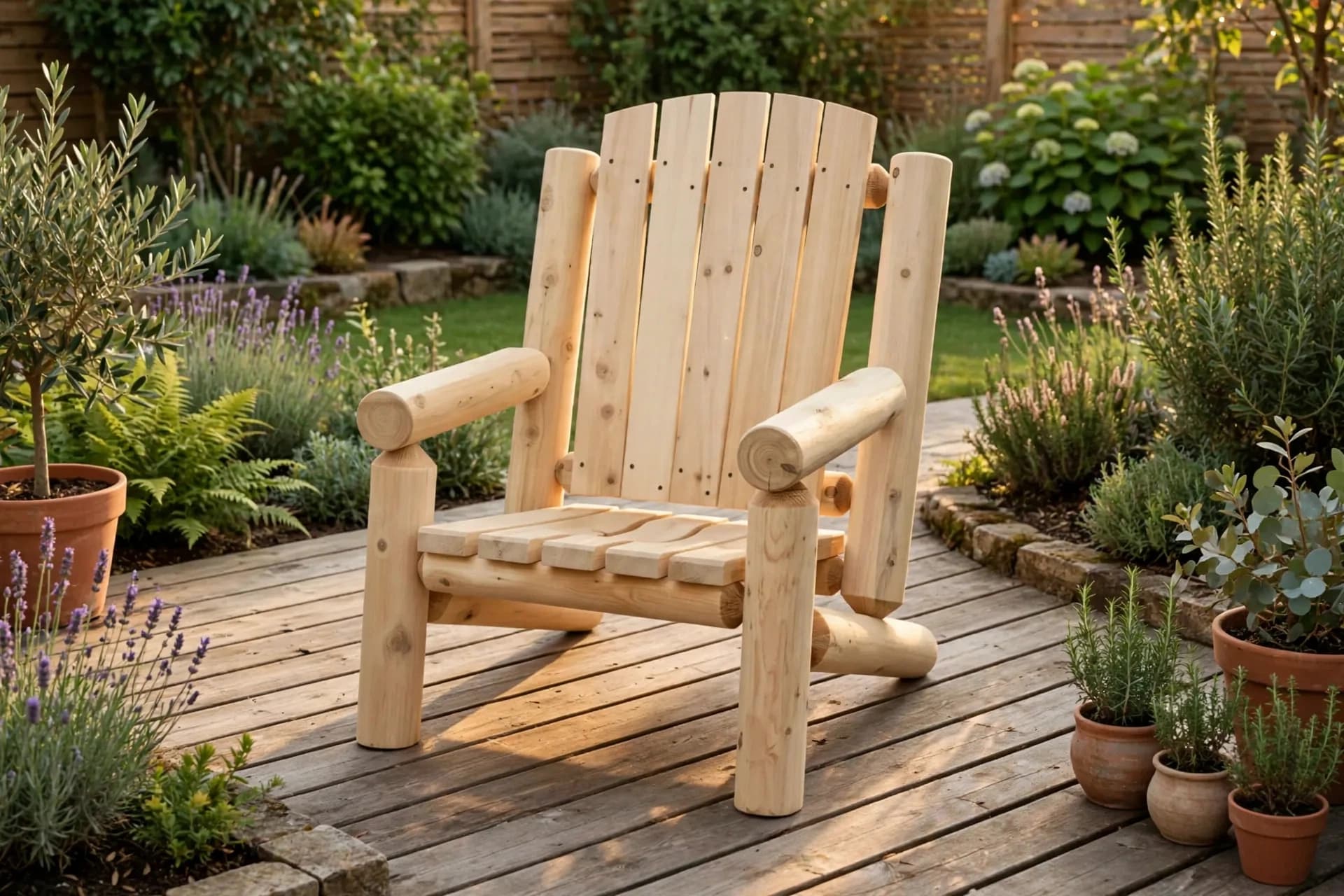 Cedar Adirondack Log Chair styled on a sunlit backyard patio
