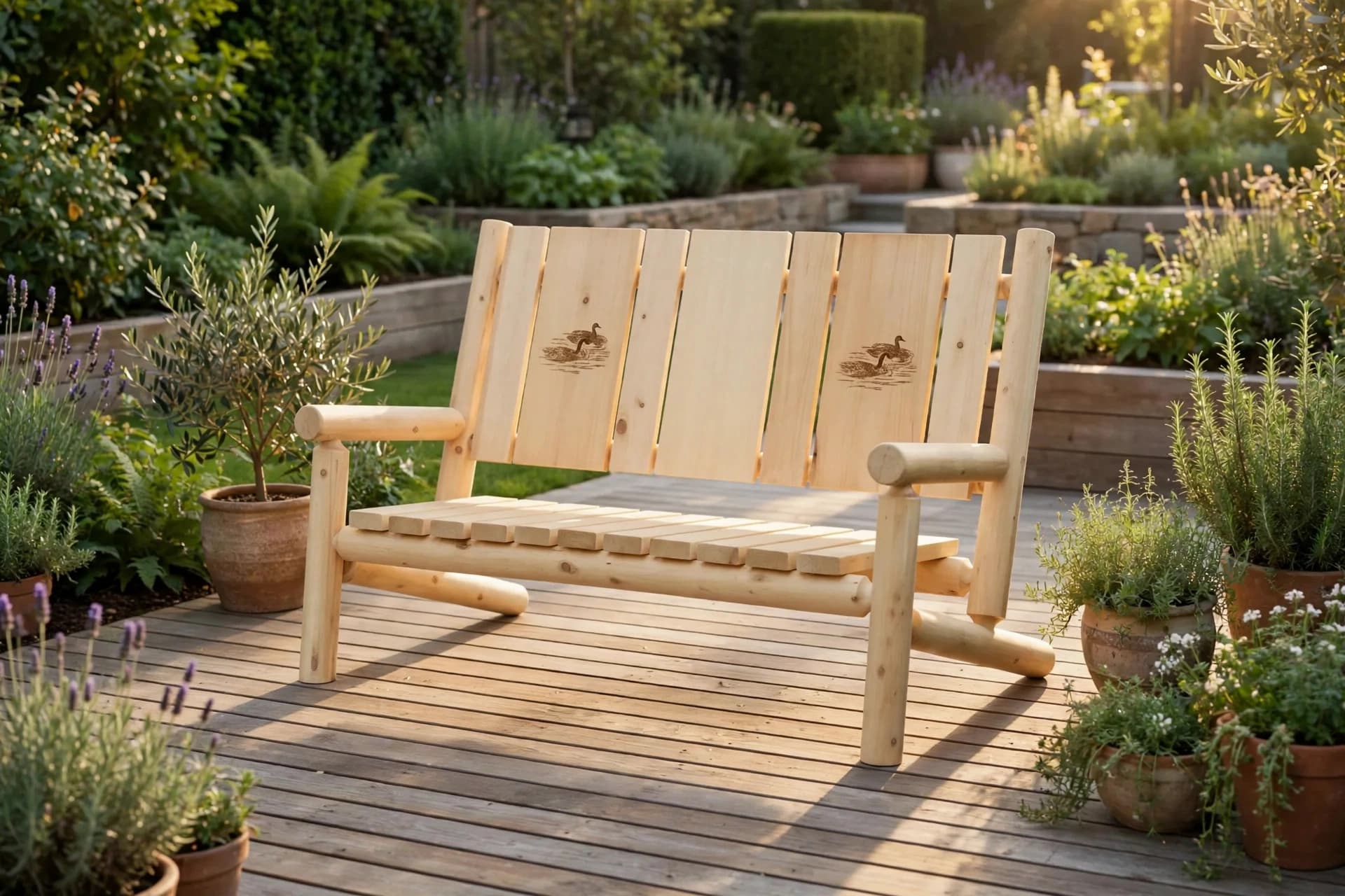 Cedar Branded Back Bench styled on a sunlit backyard patio