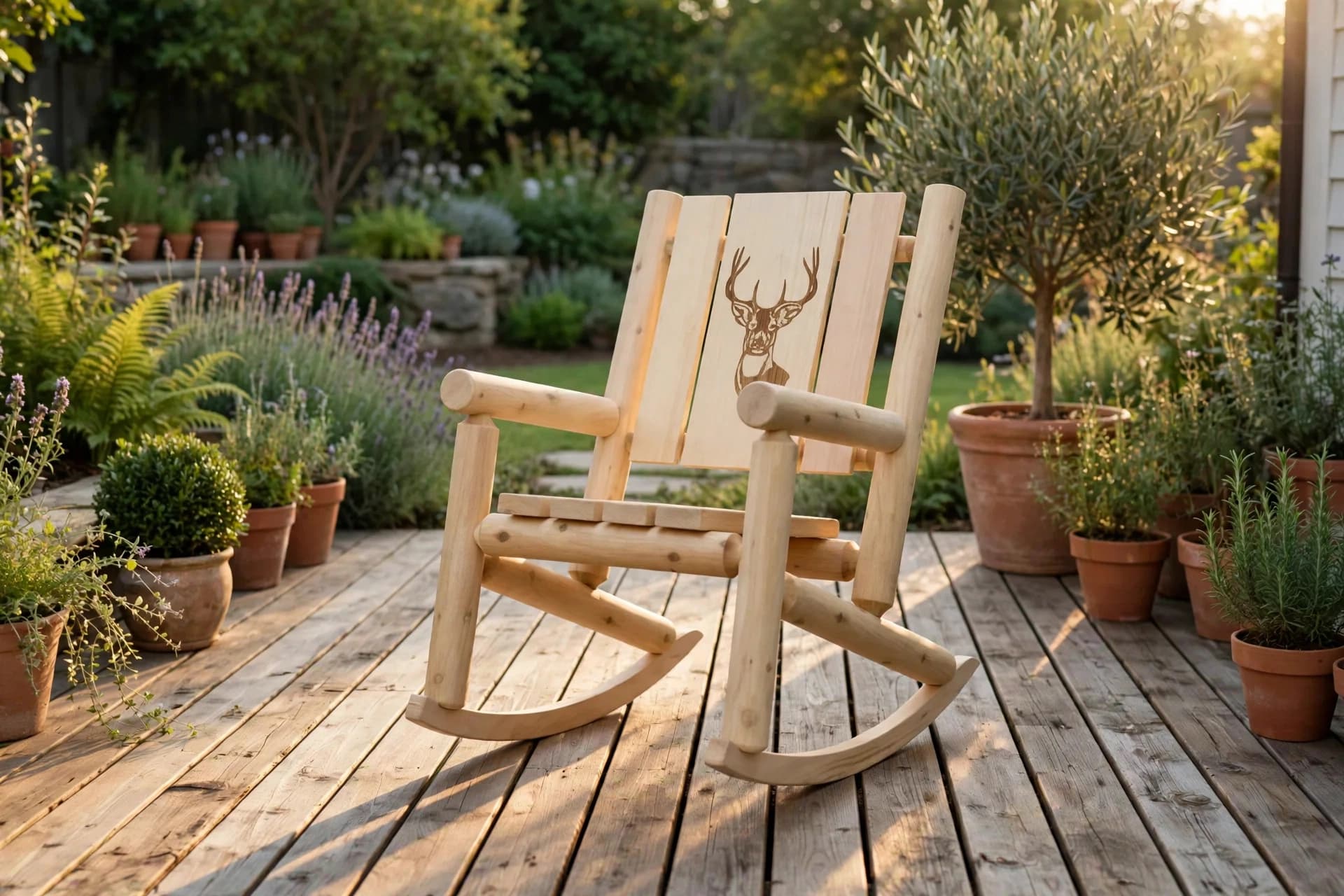 Cedar Branded Back Rocking Chair styled on a sunlit backyard patio