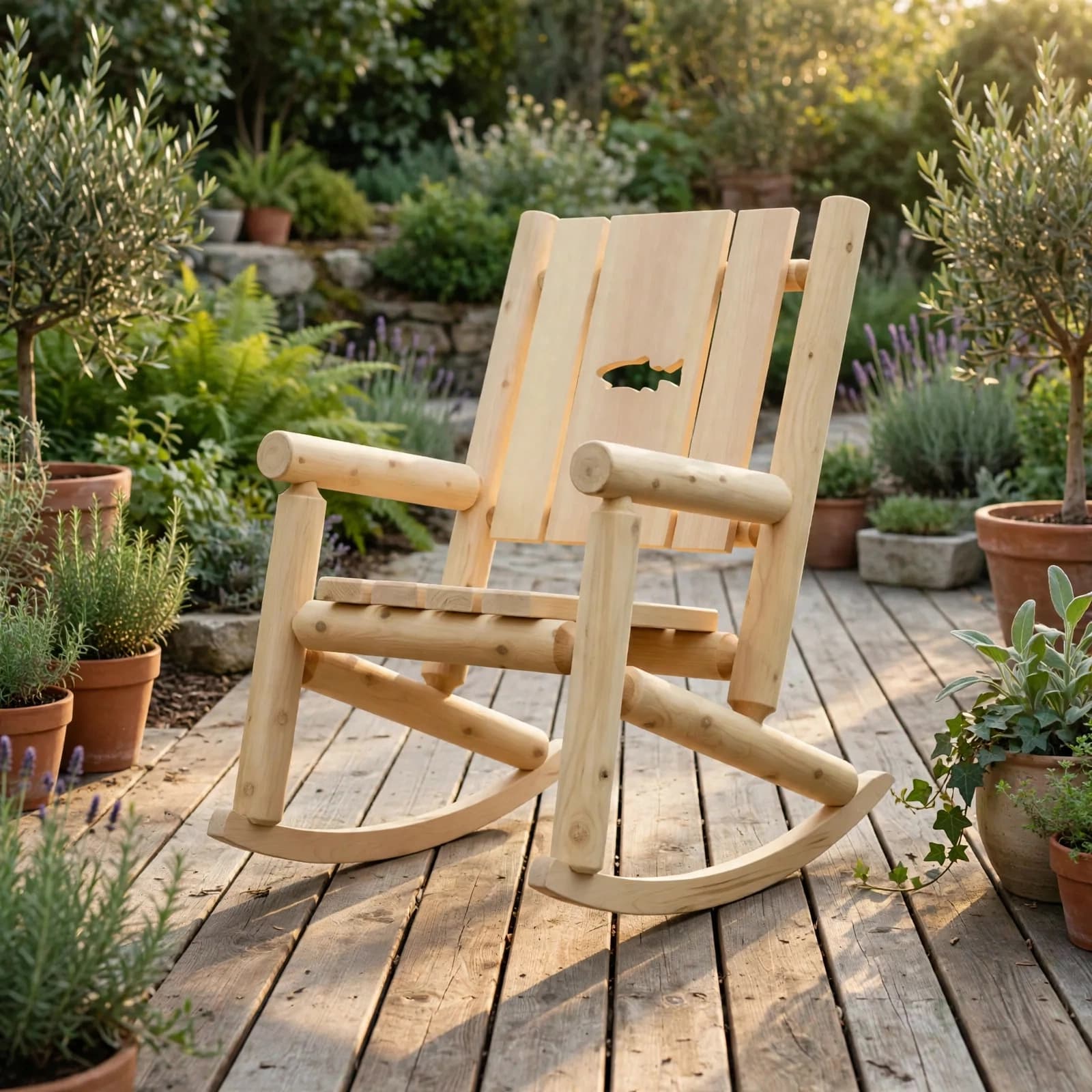 Cedar Cut Back Rocking Chair styled on a sunlit backyard patio