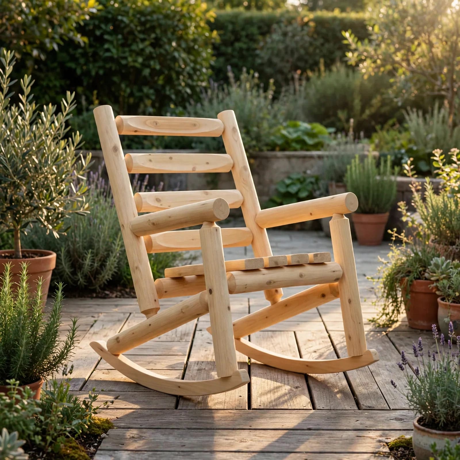 Cedar Ladder Back Rocking Chair styled on a sunlit backyard patio