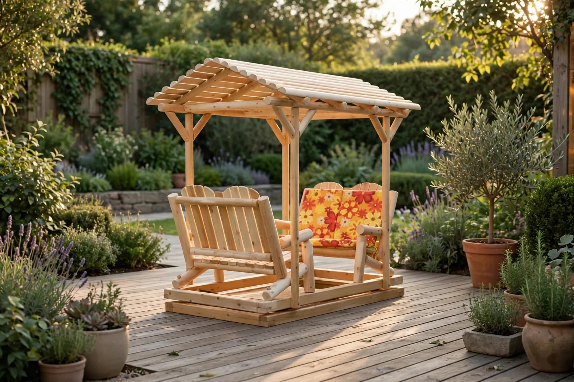 Cedar Log Glider with Roof styled on a sunlit backyard patio