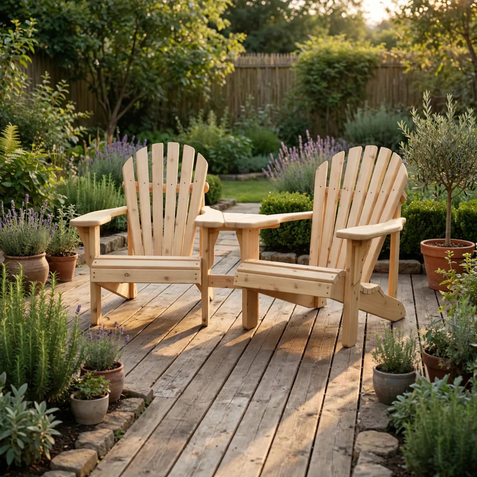 Cedar Muskoka Chair Angled Set styled on a sunlit backyard patio