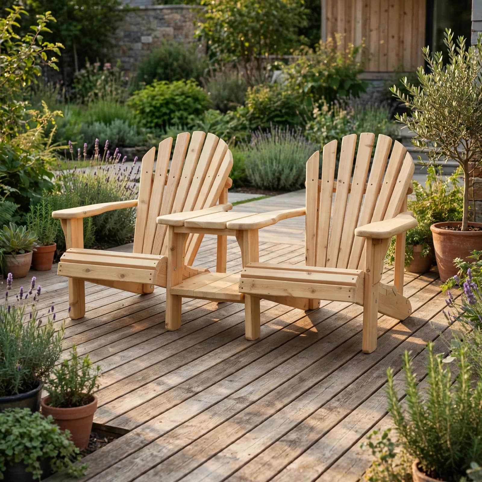 Cedar Muskoka Chair Straight Set styled on a sunlit backyard patio