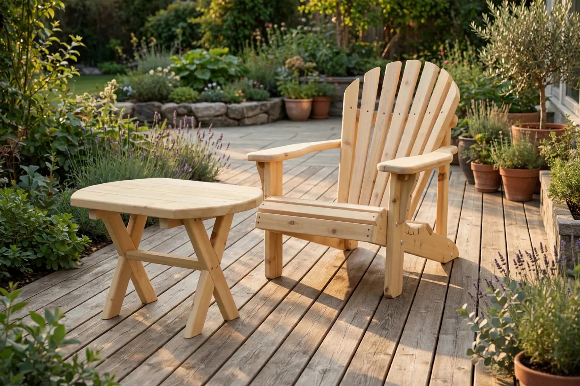 Cedar Muskoka Coffee Table styled on a sunlit backyard patio