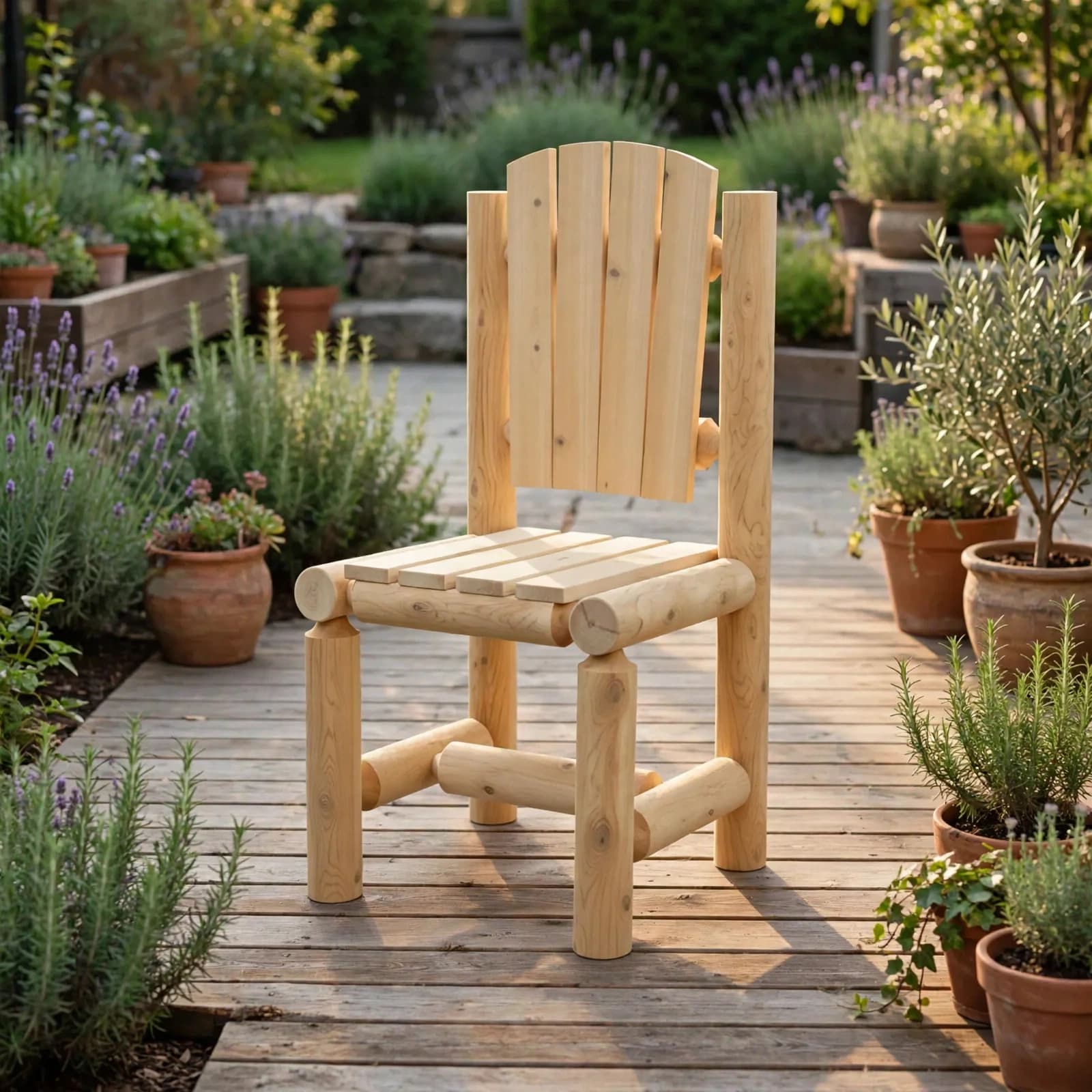 Cedar Muskoka Log Patio Chair styled on a sunlit backyard patio