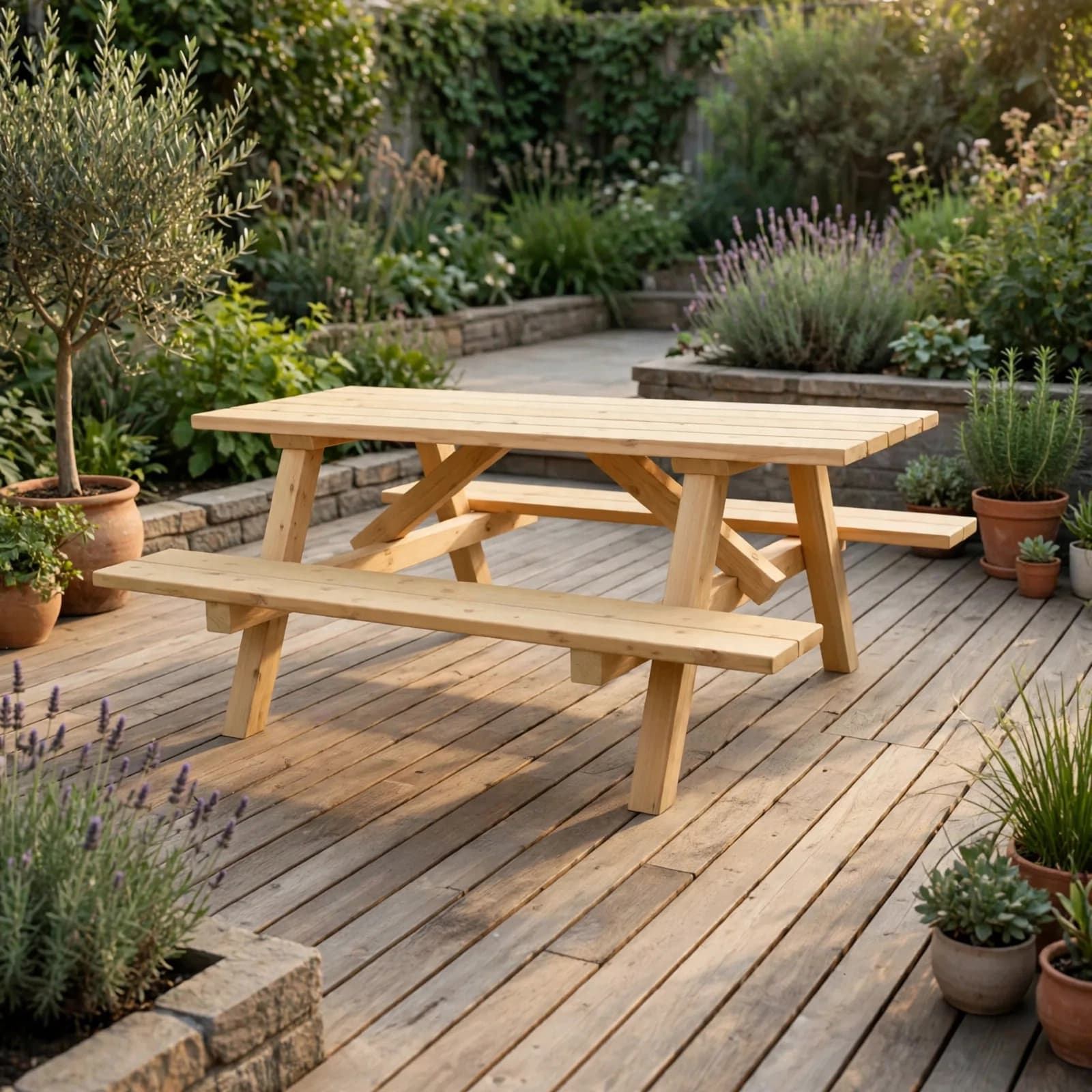 Cedar Square Leg Picnic Table styled on a sunlit backyard patio
