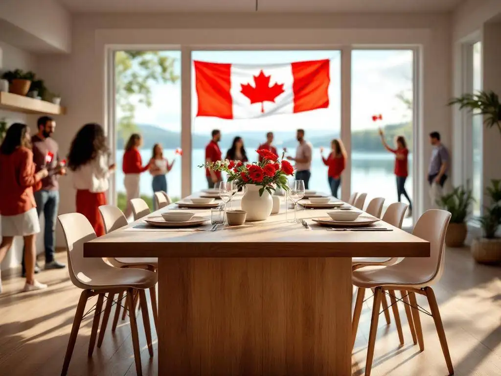 solid wood dining table with people in background celebrating Canada Day