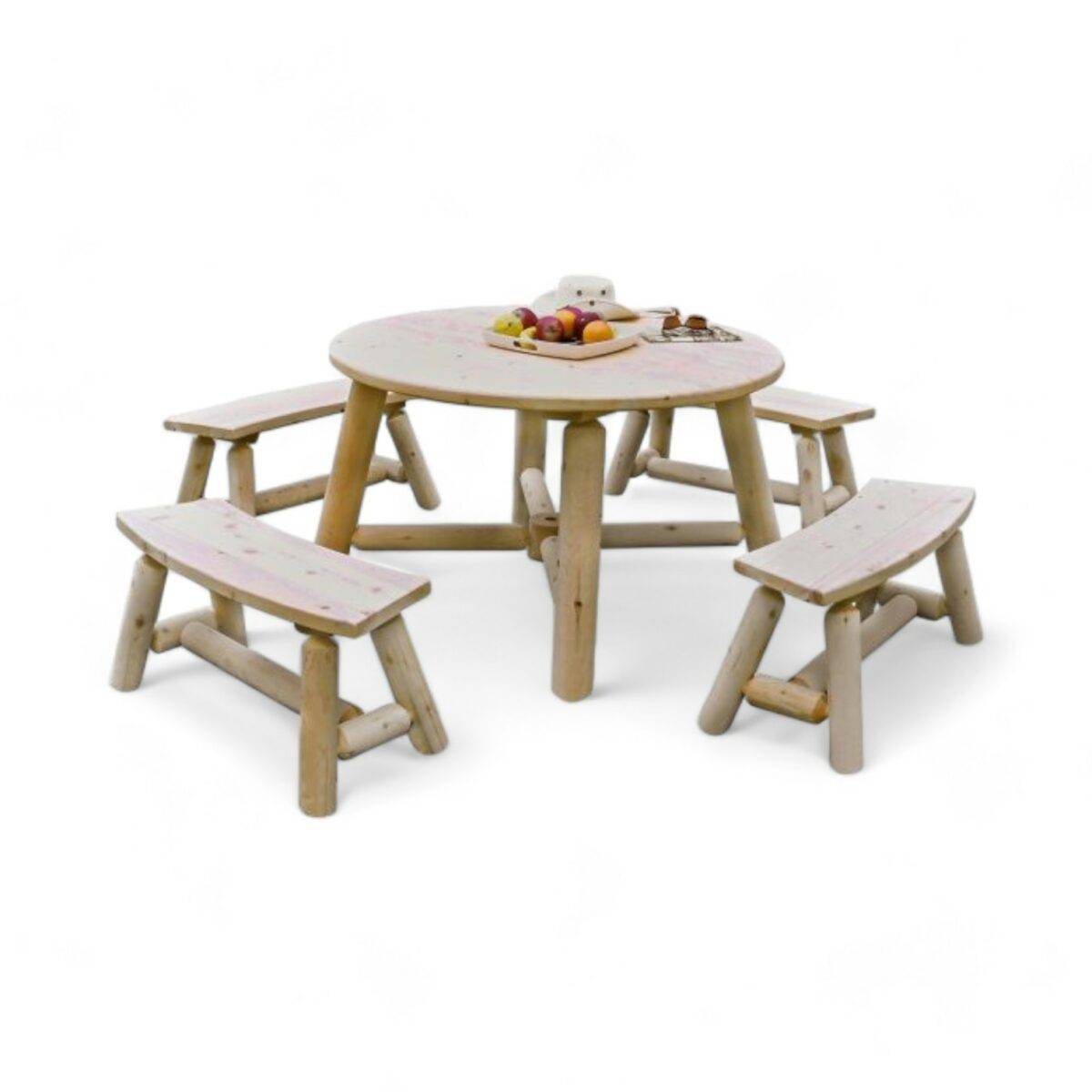 outdoor round dining table and curved outdoor log bench l504 and l525 martins custom woodwork 600x600 Photoroom
