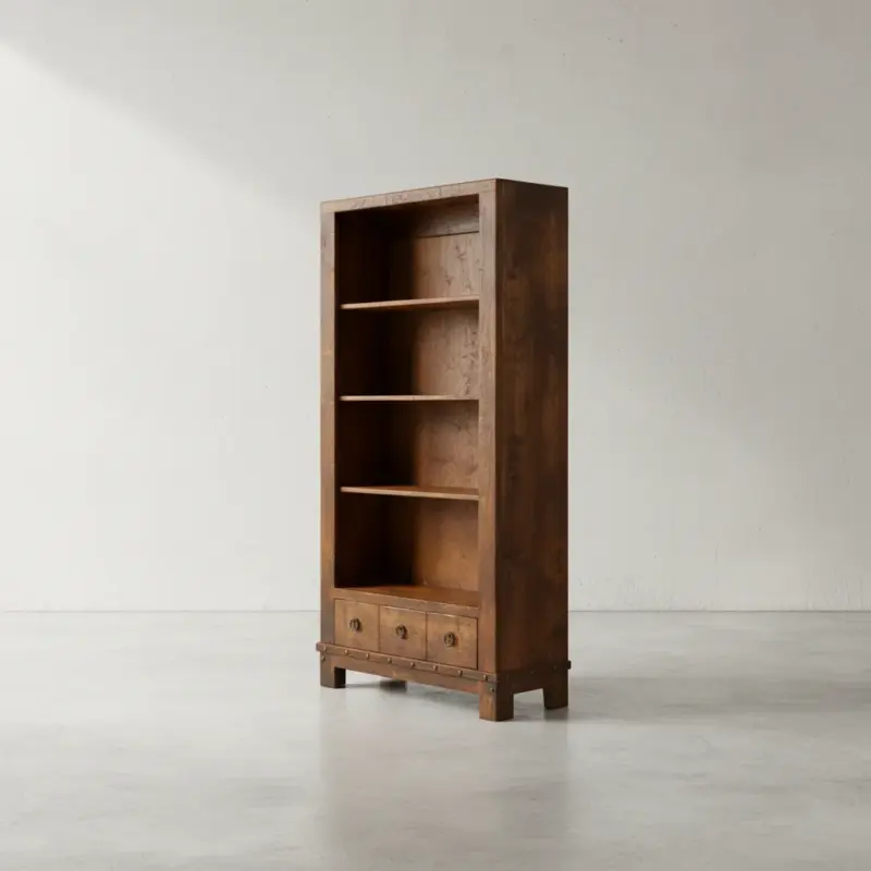 penwood furniture barrelworks bookcase with drawer 45 degree angle