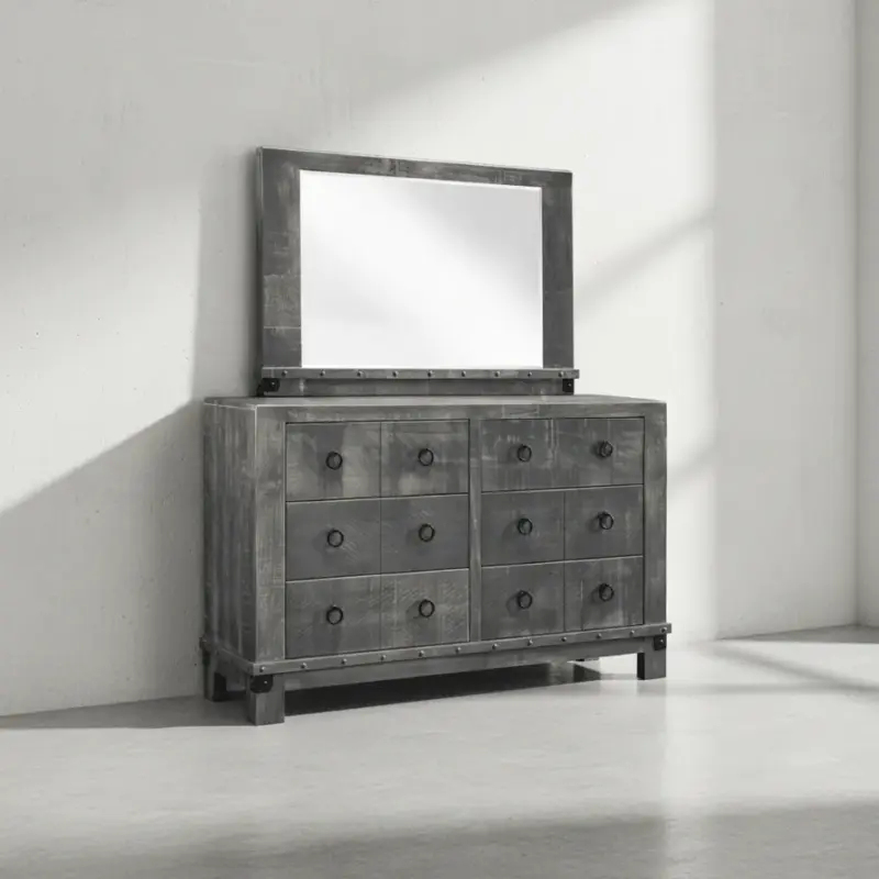 penwood furniture barrelworks dresser with mirror 6 drawer 45 degree angle