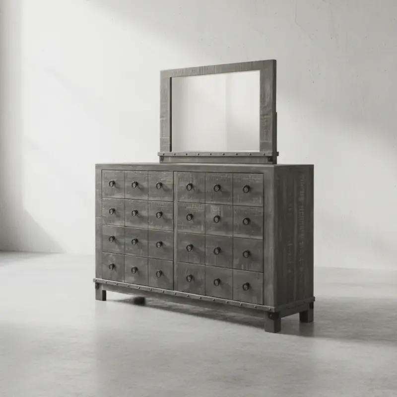 penwood furniture barrelworks dresser with mirror 8 drawers 45 degree angle