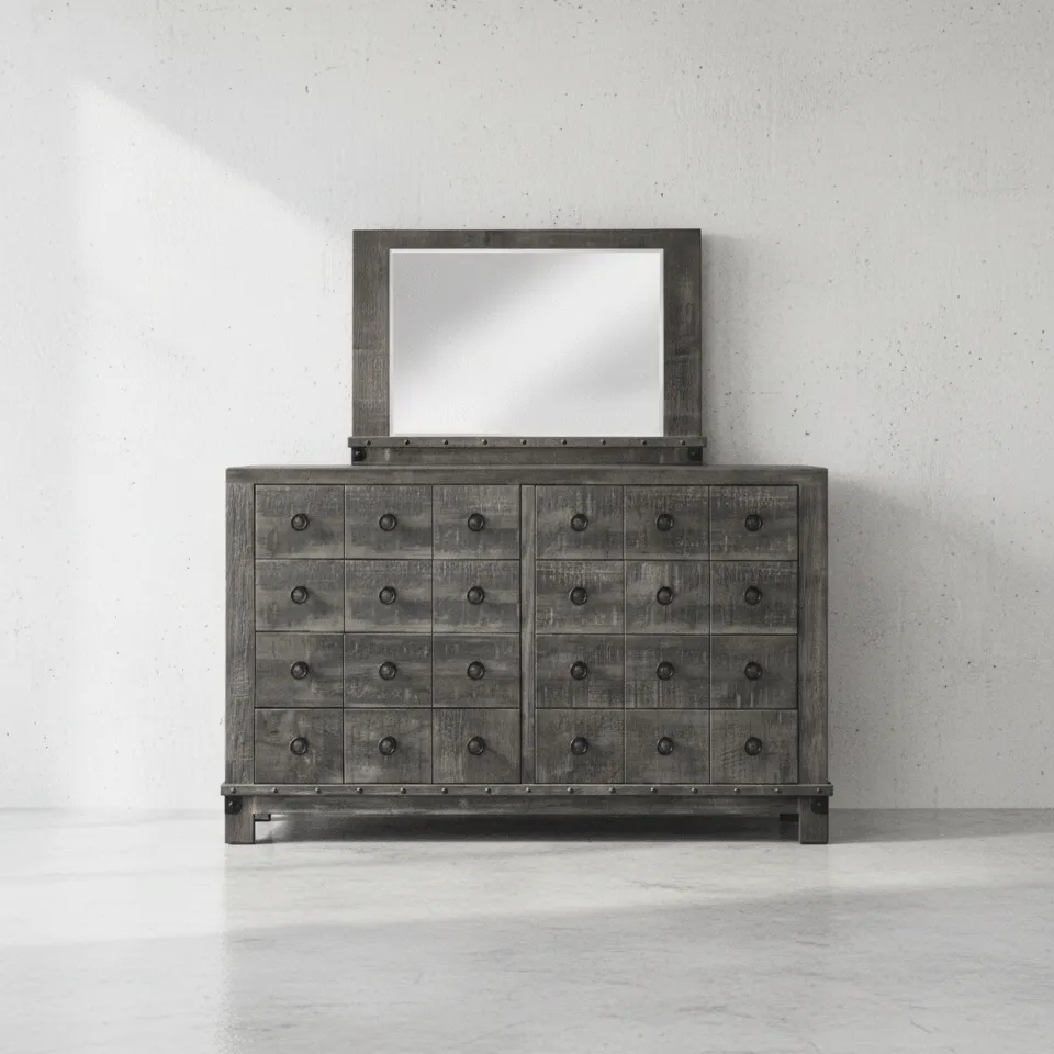 penwood furniture barrelworks dresser with mirror 8 drawers face on horizontal