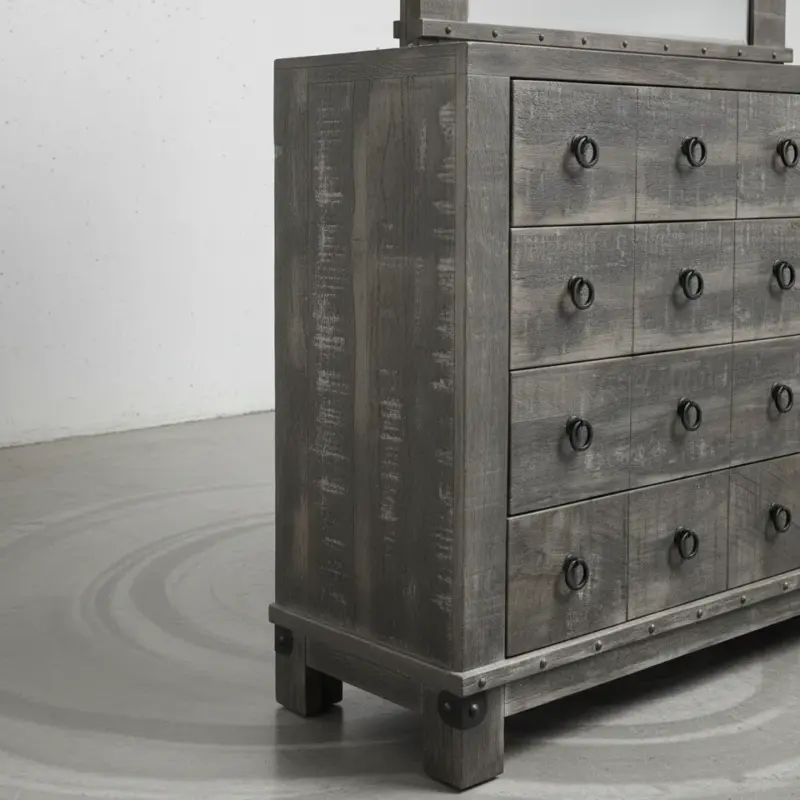 penwood furniture barrelworks dresser with mirror 8 drawers medium close up