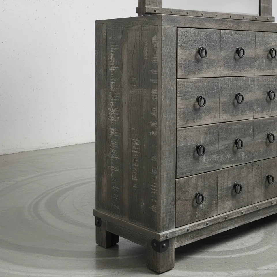 penwood furniture barrelworks dresser with mirror 8 drawers medium close up