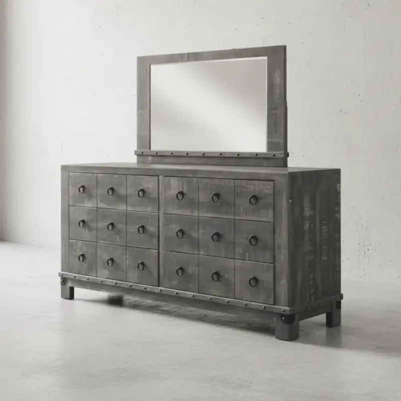 penwood furniture barrelworks long dresser with mirror 6 drawer 45 degree angle