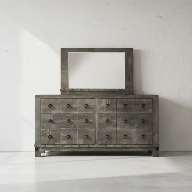 penwood furniture barrelworks long dresser with mirror 6 drawer face on horizontal