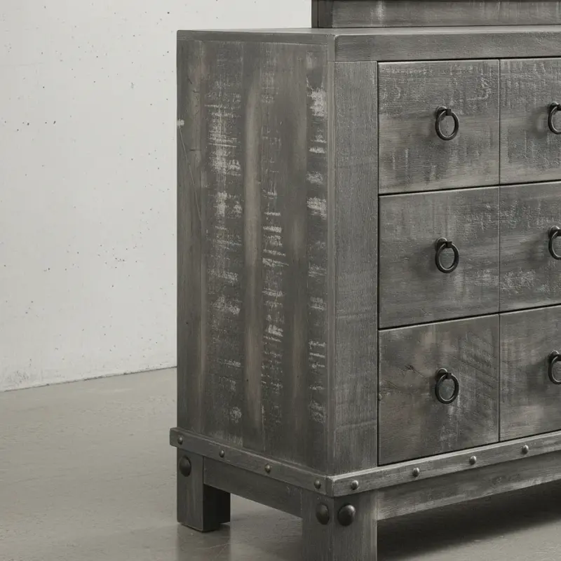 penwood furniture barrelworks long dresser with mirror 6 drawer medium close up