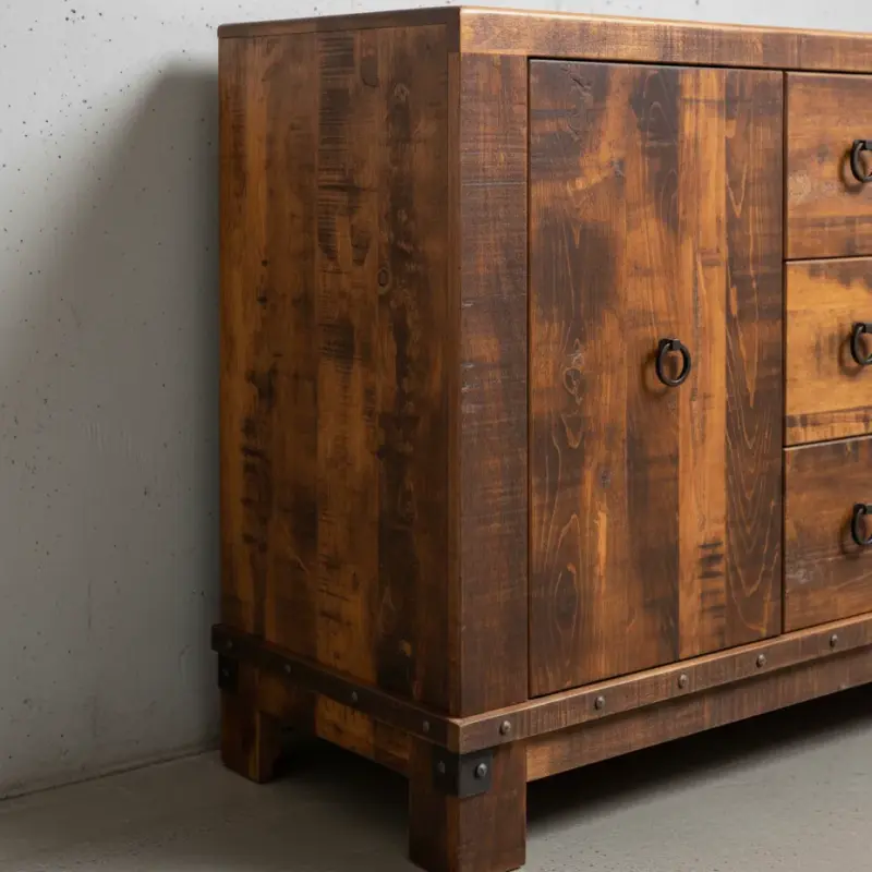 penwood furniture barrelworks sideboard 3 drawer 1 door medium close up