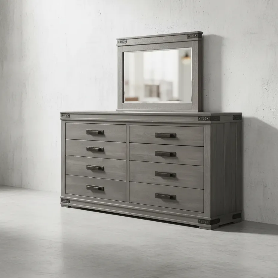 penwood furniture gastown long dresser with mirror 8 drawers 45 degree angle