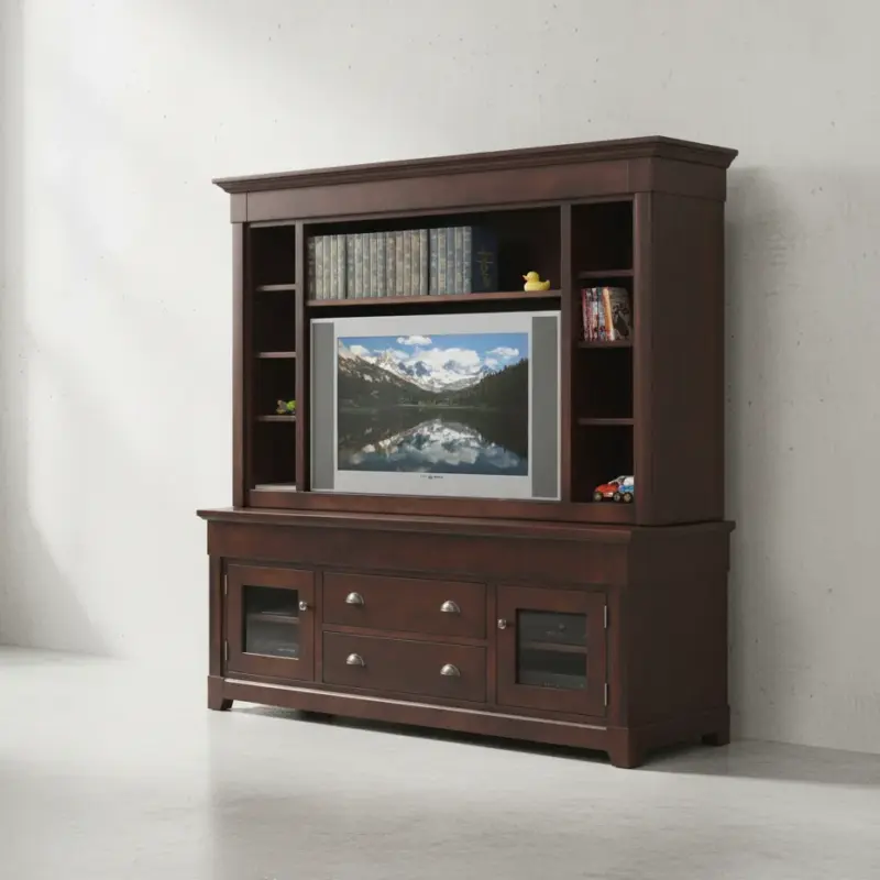 penwood furniture hudson valley media stand with hutch hvhd74h 45 degree angle