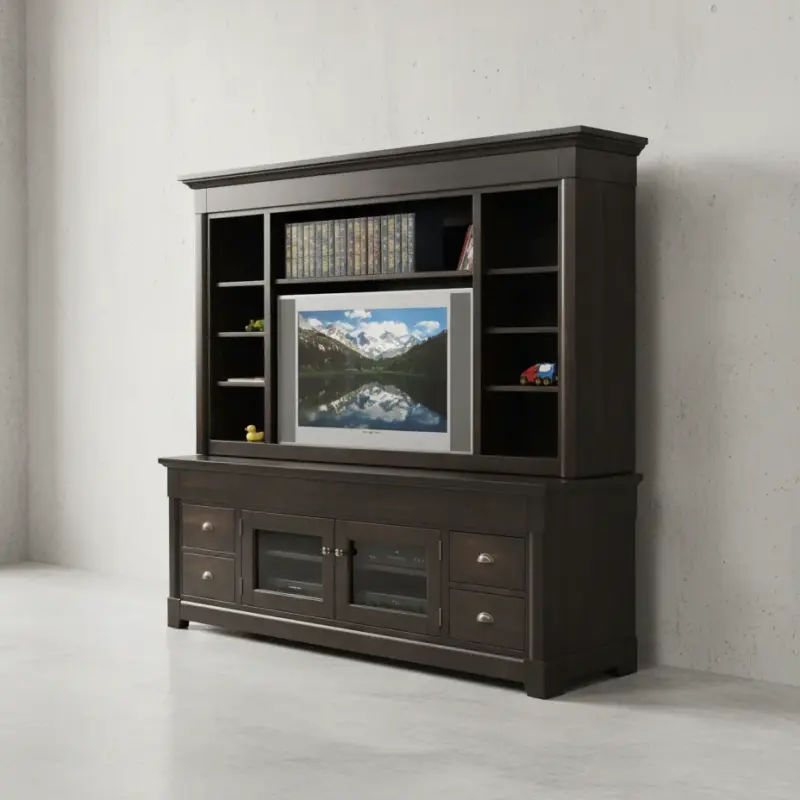 penwood furniture hudson valley media stand with hutch hvhd84h 45 degree angle