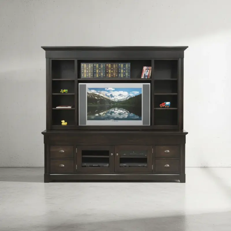 penwood furniture hudson valley media stand with hutch hvhd84h face on horizontal